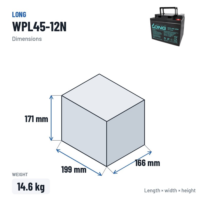 Batería estacionaria SAI/UPS Long WPL45-12N 12V 45Ah AGM – medidas 199 × 166 × 171 mm