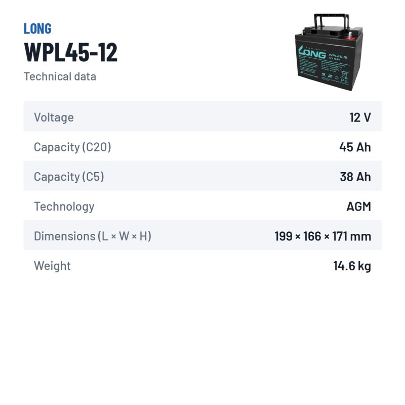 Batteria stazionaria UPS Long WPL45-12 12V 45Ah AGM