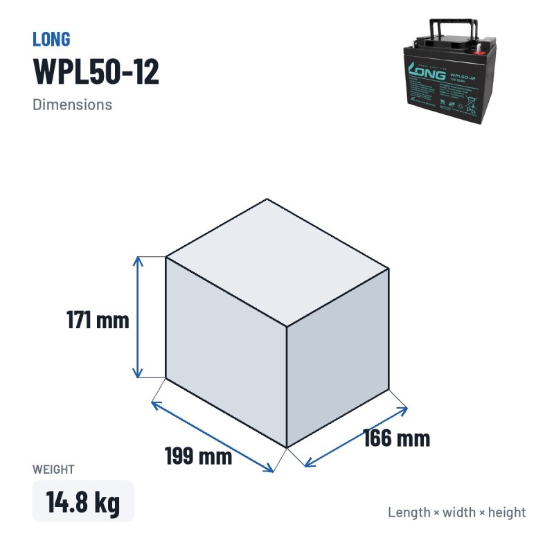 Bateria estacionária UPS Long WPL50-12 12V 50Ah AGM – medidas 199 × 166 × 171 mm