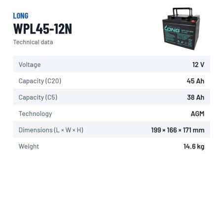 Batería estacionaria SAI/UPS Long WPL45-12N 12V 45Ah AGM – ficha técnica