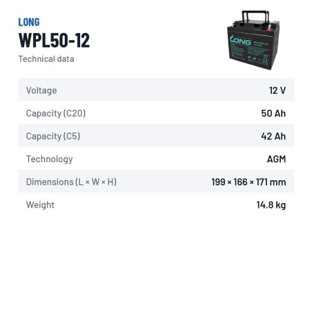 Bateria estacionária UPS Long WPL50-12 12V 50Ah AGM – ficha técnica