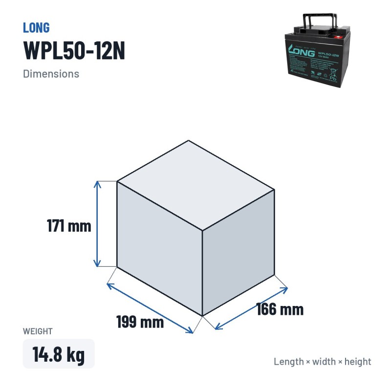 Batteria stazionaria UPS Long WPL50-12N 12V 50Ah AGM – dimensioni 199 × 166 × 171 mm