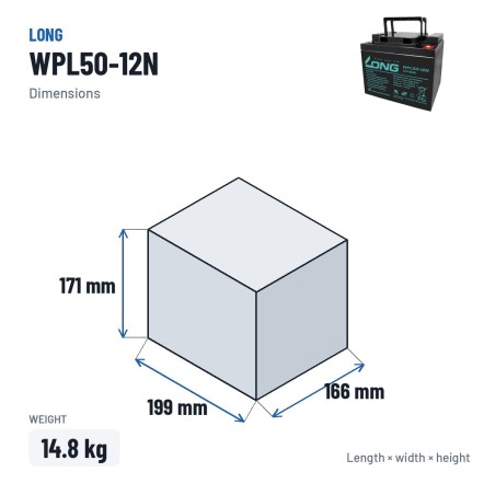 Batteria stazionaria UPS Long WPL50-12N 12V 50Ah AGM – dimensioni 199 × 166 × 171 mm