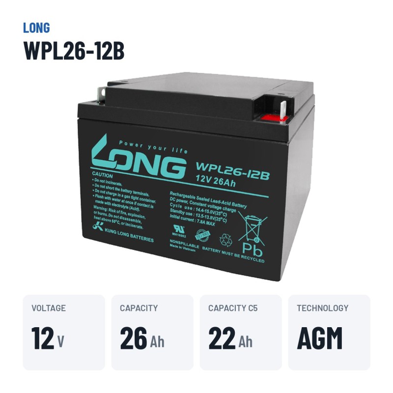 Batterie stationnaire onduleur Long WPL26-12B 12V 26Ah AGM – caractéristiques clés