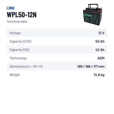 Batteria stazionaria UPS Long WPL50-12N 12V 50Ah AGM – scheda tecnica