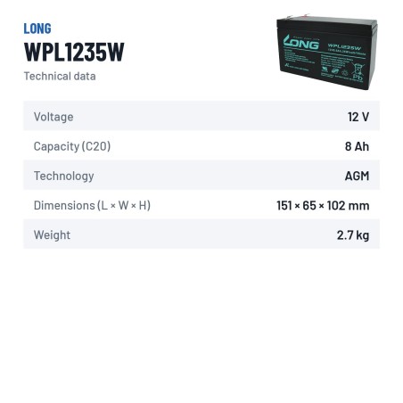 Batterie stationnaire onduleur Long WPL1235W 12V 8.5Ah AGM