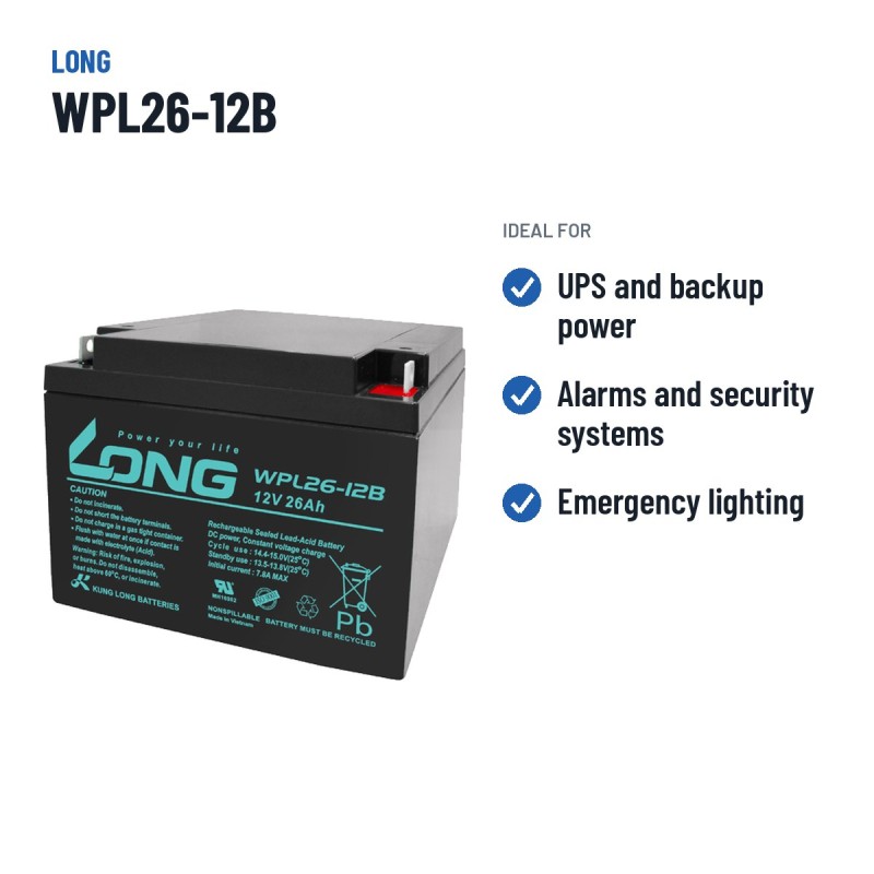 Batterie stationnaire onduleur Long WPL26-12B 12V 26Ah AGM – utilisations recommandées