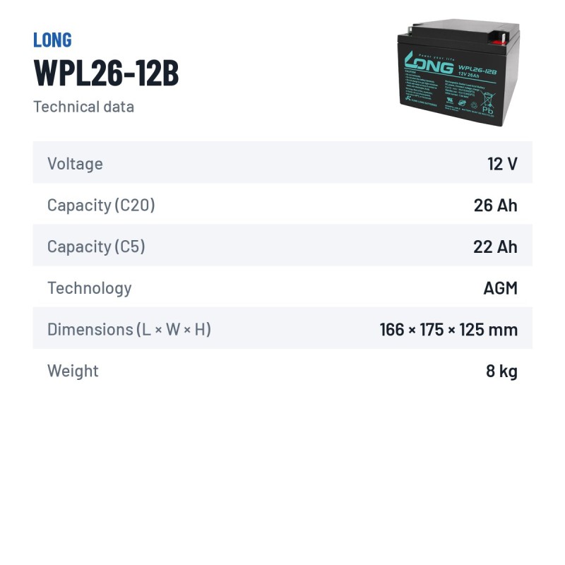 Batterie stationnaire onduleur Long WPL26-12B 12V 26Ah AGM – fiche technique
