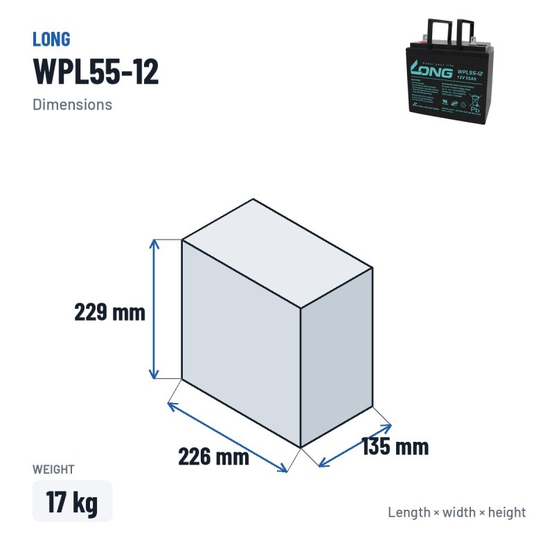 Batteria stazionaria UPS Long WPL55-12 12V 55Ah AGM – dimensioni 226 × 135 × 229 mm