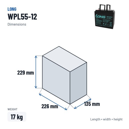 Stationary UPS battery Long WPL55-12 12V 55Ah AGM – dimensions 226 × 135 × 229 mm