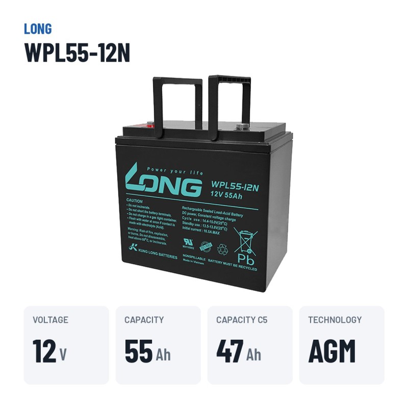 Batterie stationnaire onduleur Long WPL55-12N 12V 55Ah AGM – caractéristiques clés
