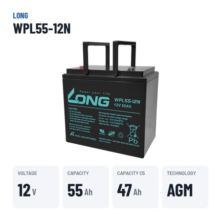 Bateria estacionária UPS Long WPL55-12N 12V 55Ah AGM – dados principais