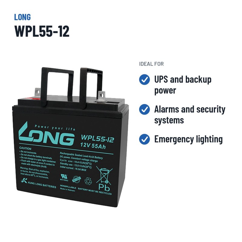 Batería estacionaria SAI/UPS Long WPL55-12 12V 55Ah AGM – usos recomendados