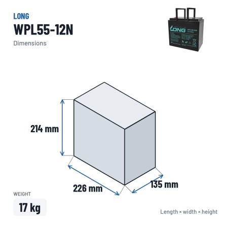 Batterie stationnaire onduleur Long WPL55-12N 12V 55Ah AGM – dimensions 226 × 135 × 214 mm