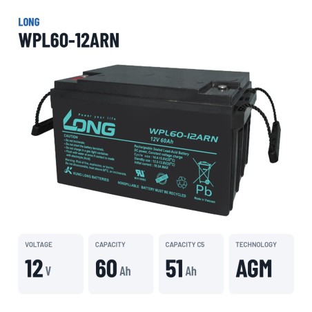 Stationary UPS battery Long WPL60-12ARN 12V 60Ah AGM – key specs