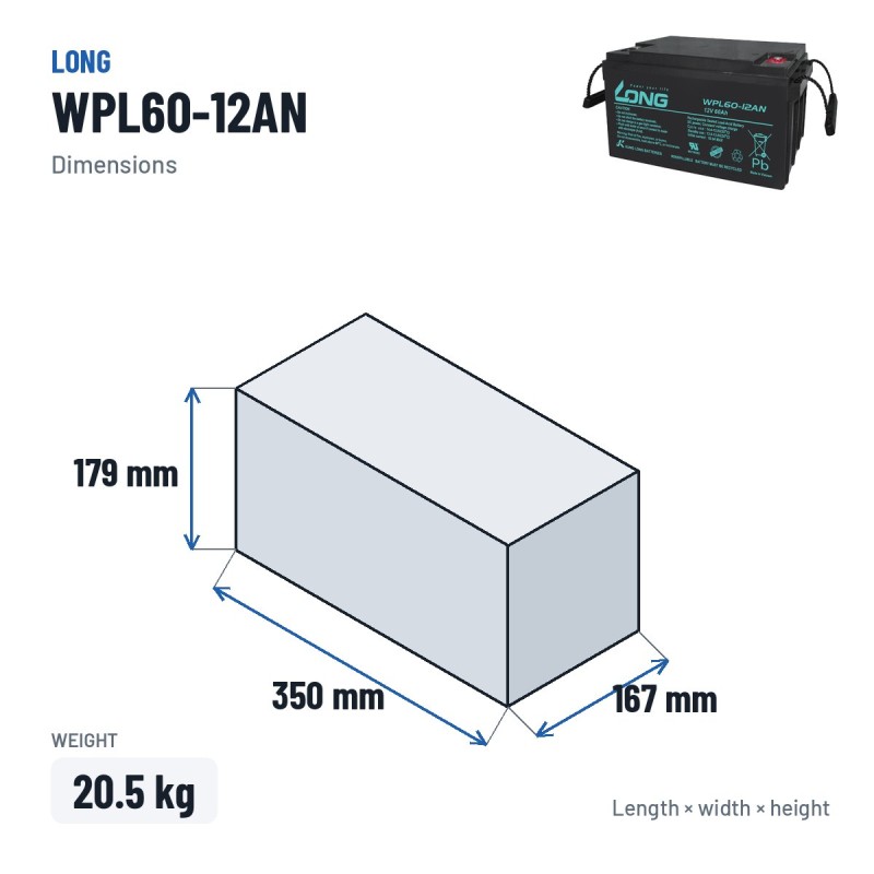 Stationärbatterie USV Long WPL60-12AN 12V 60Ah AGM – Abmessungen 350 × 167 × 179 mm