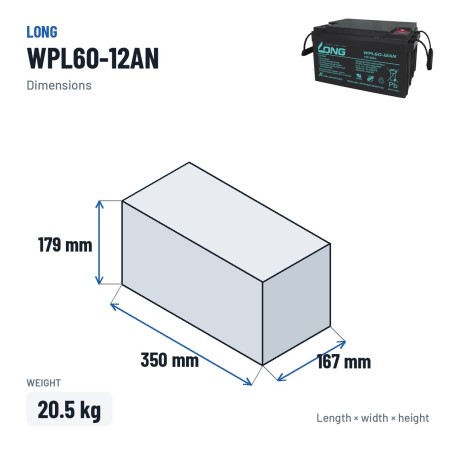 Stationary UPS battery Long WPL60-12AN 12V 60Ah AGM – dimensions 350 × 167 × 179 mm