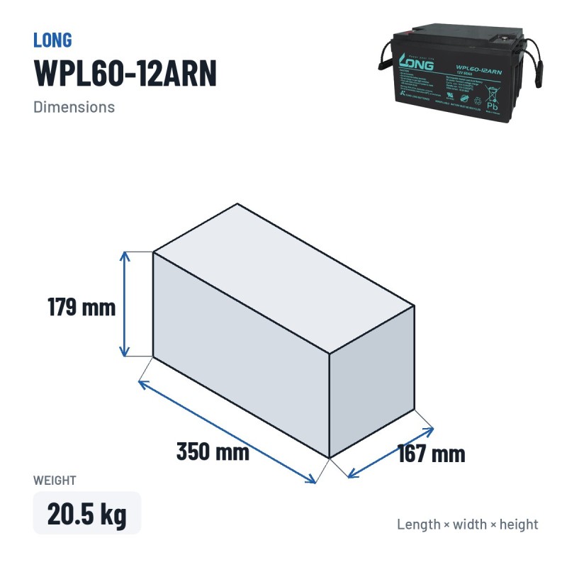 Stationary UPS battery Long WPL60-12ARN 12V 60Ah AGM – dimensions 350 × 167 × 179 mm