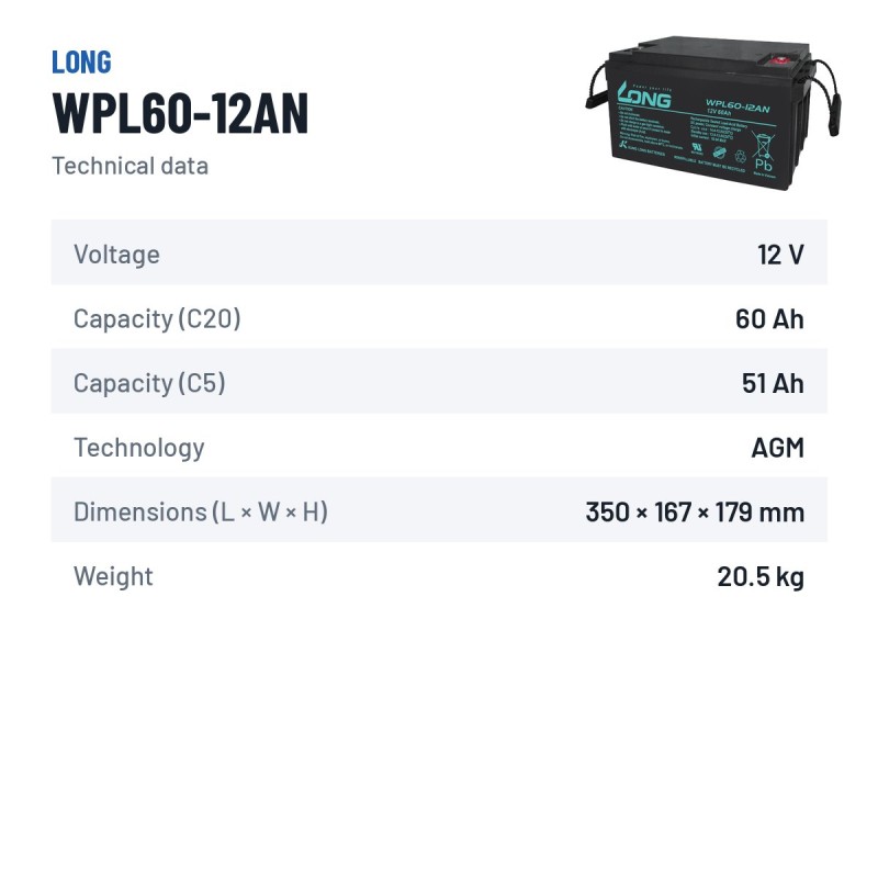 Stationärbatterie USV Long WPL60-12AN 12V 60Ah AGM – technische Daten