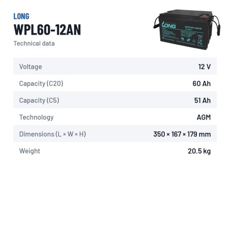 Bateria estacionária UPS Long WPL60-12AN 12V 60Ah AGM – ficha técnica