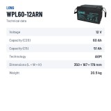 Stationary UPS battery Long WPL60-12ARN 12V 60Ah AGM – technical data