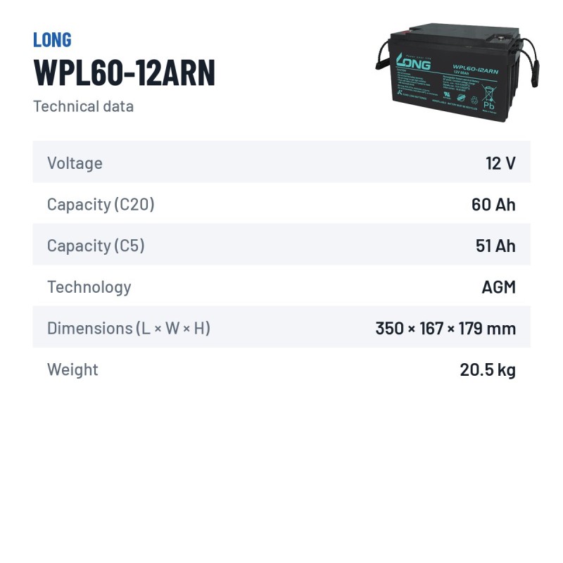Stationary UPS battery Long WPL60-12ARN 12V 60Ah AGM – technical data