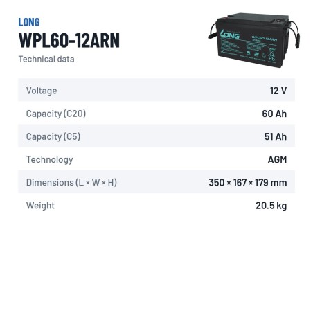 Stationary UPS battery Long WPL60-12ARN 12V 60Ah AGM – technical data