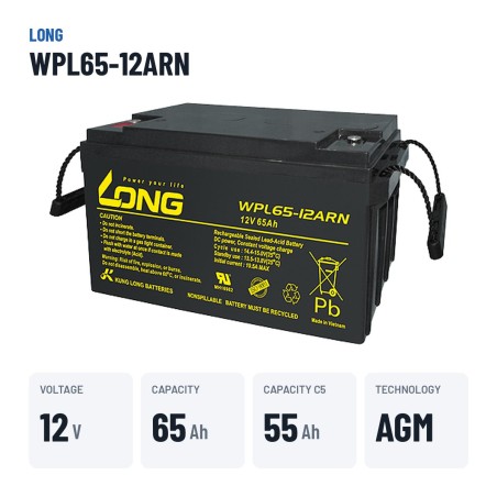 Bateria estacionária UPS Long WPL65-12ARN 12V 65Ah AGM – dados principais