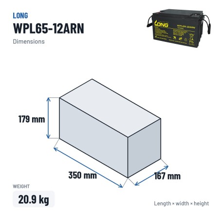 Batterie stationnaire onduleur Long WPL65-12ARN 12V 65Ah AGM – dimensions 350 × 167 × 179 mm