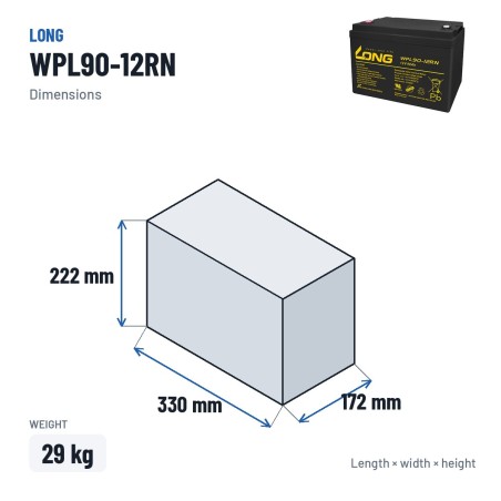 Batería estacionaria SAI/UPS Long WPL90-12RN 12V 90Ah AGM – medidas 330 × 172 × 222 mm