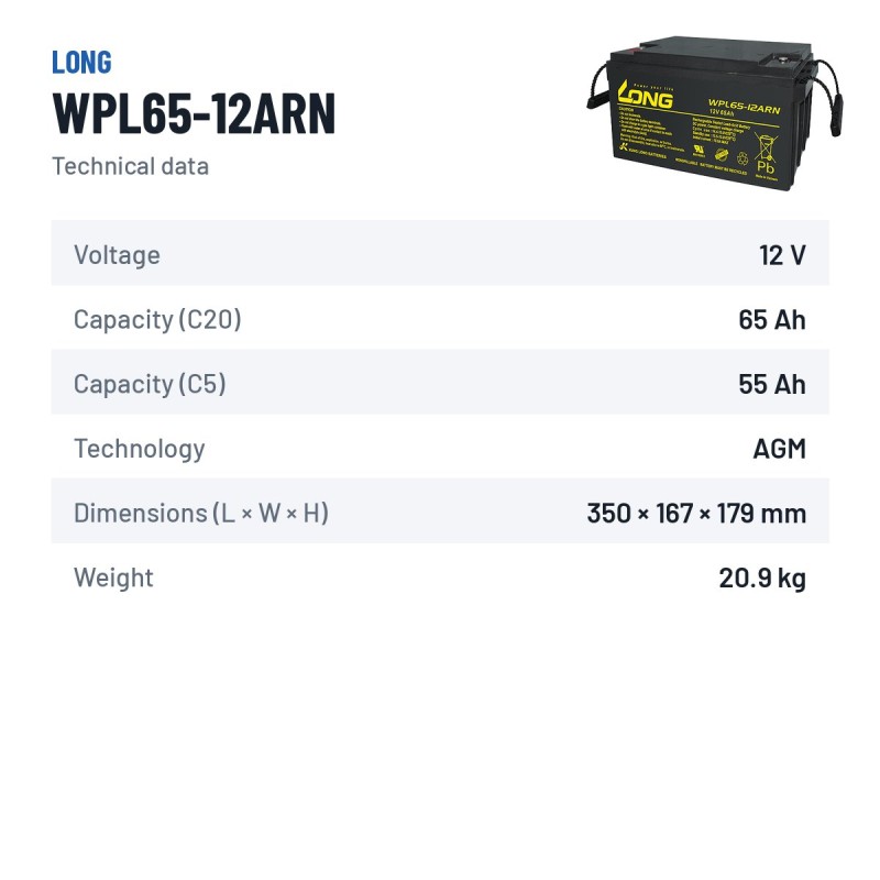 Batteria stazionaria UPS Long WPL65-12ARN 12V 65Ah AGM – scheda tecnica