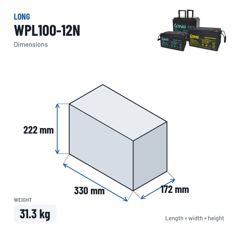 Batteria stazionaria UPS Long WPL100-12N 12V 100Ah AGM – dimensioni 330 × 172 × 222 mm