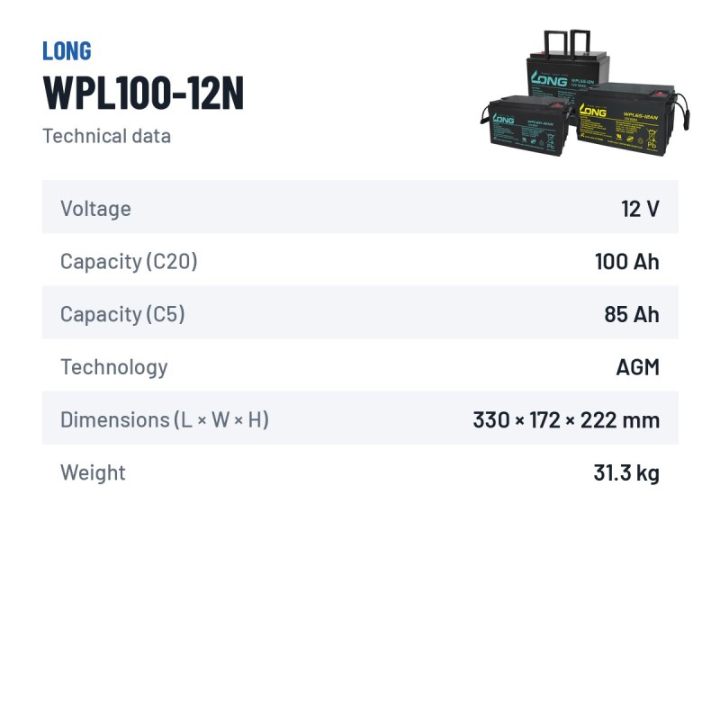 Stationärbatterie USV Long WPL100-12N 12V 100Ah AGM