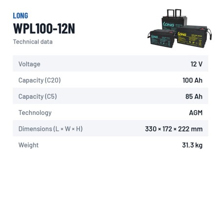 Stationärbatterie USV Long WPL100-12N 12V 100Ah AGM