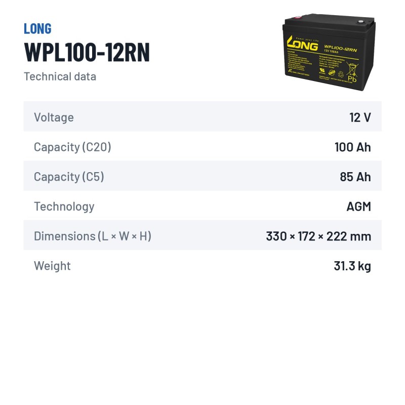 Batería estacionaria SAI/UPS Long WPL100-12RN 12V 100Ah AGM – ficha técnica