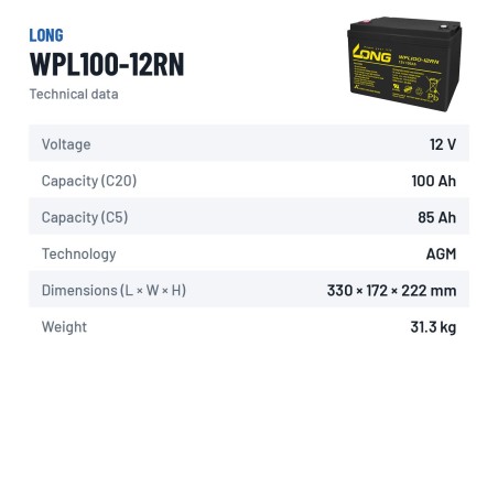 Stationärbatterie USV Long WPL100-12RN 12V 100Ah AGM – technische Daten