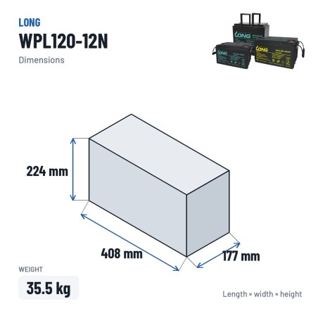 Bateria estacionária UPS Long WPL120-12N 12V 120Ah AGM – medidas 408 × 177 × 224 mm