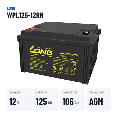 Bateria estacionária UPS Long WPL125-12RN 12V 125Ah AGM – dados principais