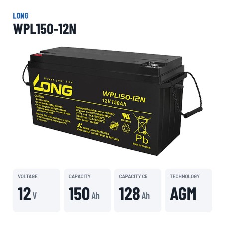 Stationärbatterie USV Long WPL150-12N 12V 150Ah AGM – wichtigste Daten