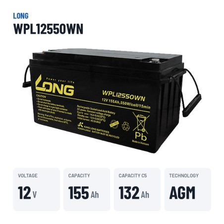 Batteria stazionaria UPS Long WPL12550WN 12V 155Ah AGM – dati principali