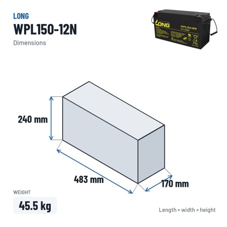 Stationärbatterie USV Long WPL150-12N 12V 150Ah AGM – Abmessungen 483 × 170 × 240 mm