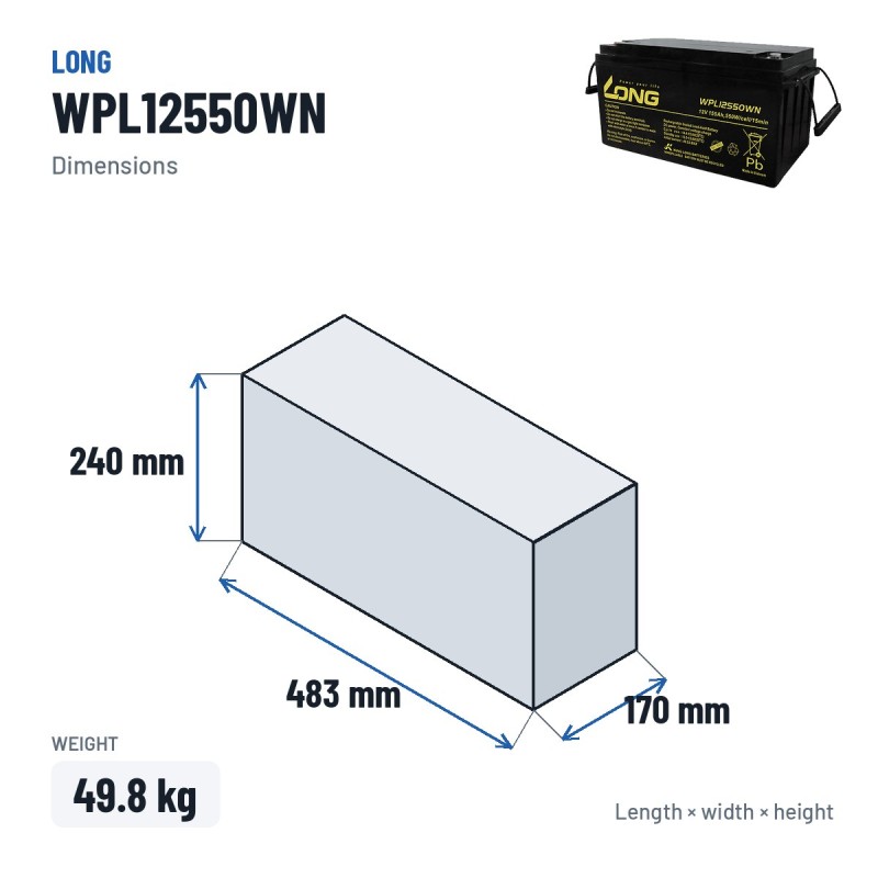 Batteria stazionaria UPS Long WPL12550WN 12V 155Ah AGM – dimensioni 483 × 170 × 240 mm