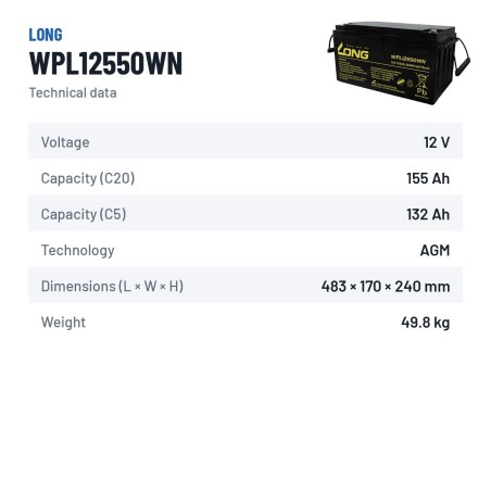 Batteria stazionaria UPS Long WPL12550WN 12V 155Ah AGM – scheda tecnica