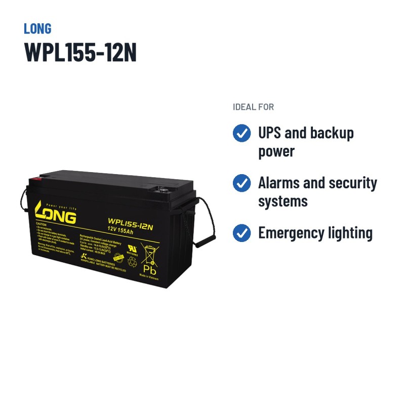 Batería estacionaria SAI/UPS Long WPL155-12N 12V 155Ah AGM – usos recomendados