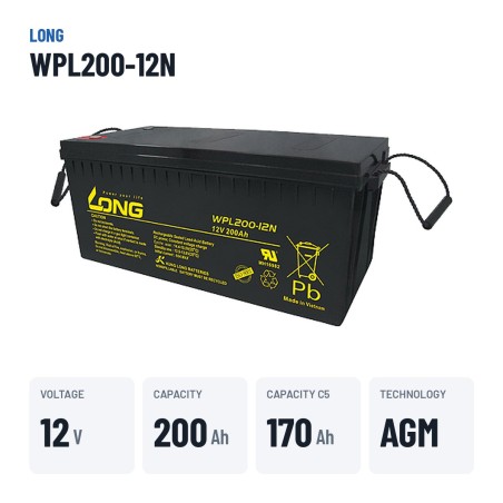 Stationary UPS battery Long WPL200-12N 12V 200Ah AGM – key specs