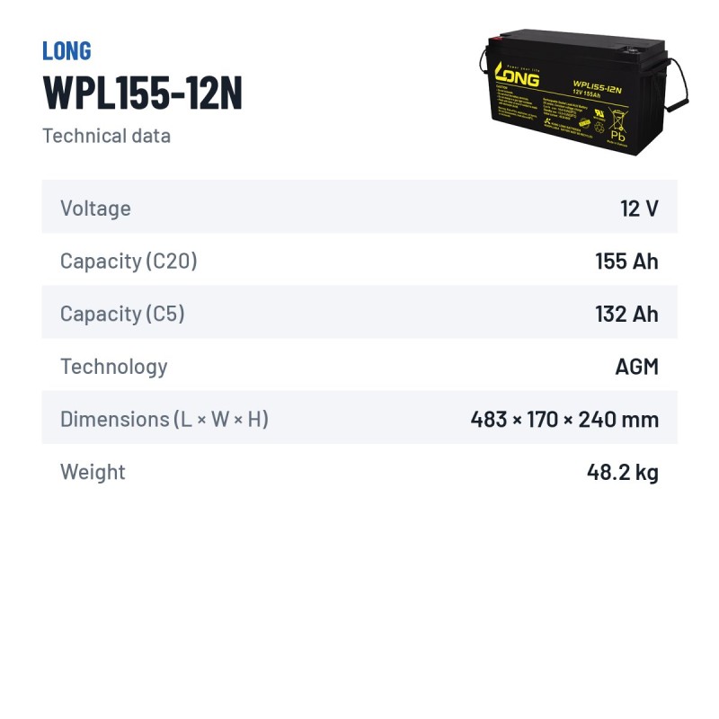 Batteria stazionaria UPS Long WPL155-12N 12V 155Ah AGM – scheda tecnica