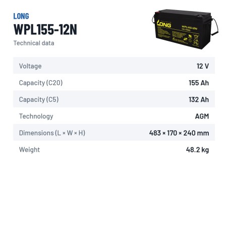 Batteria stazionaria UPS Long WPL155-12N 12V 155Ah AGM – scheda tecnica