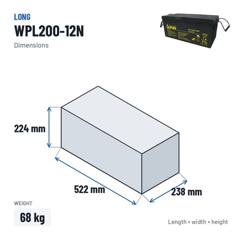 Stationary UPS battery Long WPL200-12N 12V 200Ah AGM – dimensions 522 × 238 × 224 mm