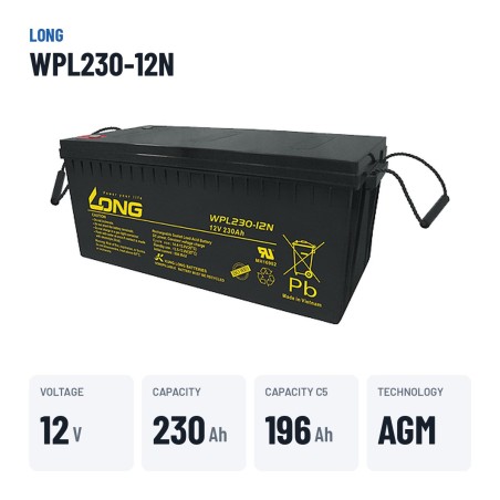 Batteria stazionaria UPS Long WPL230-12N 12V 230Ah AGM – dati principali