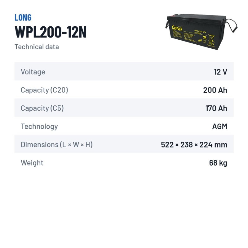 Stationary UPS battery Long WPL200-12N 12V 200Ah AGM – technical data